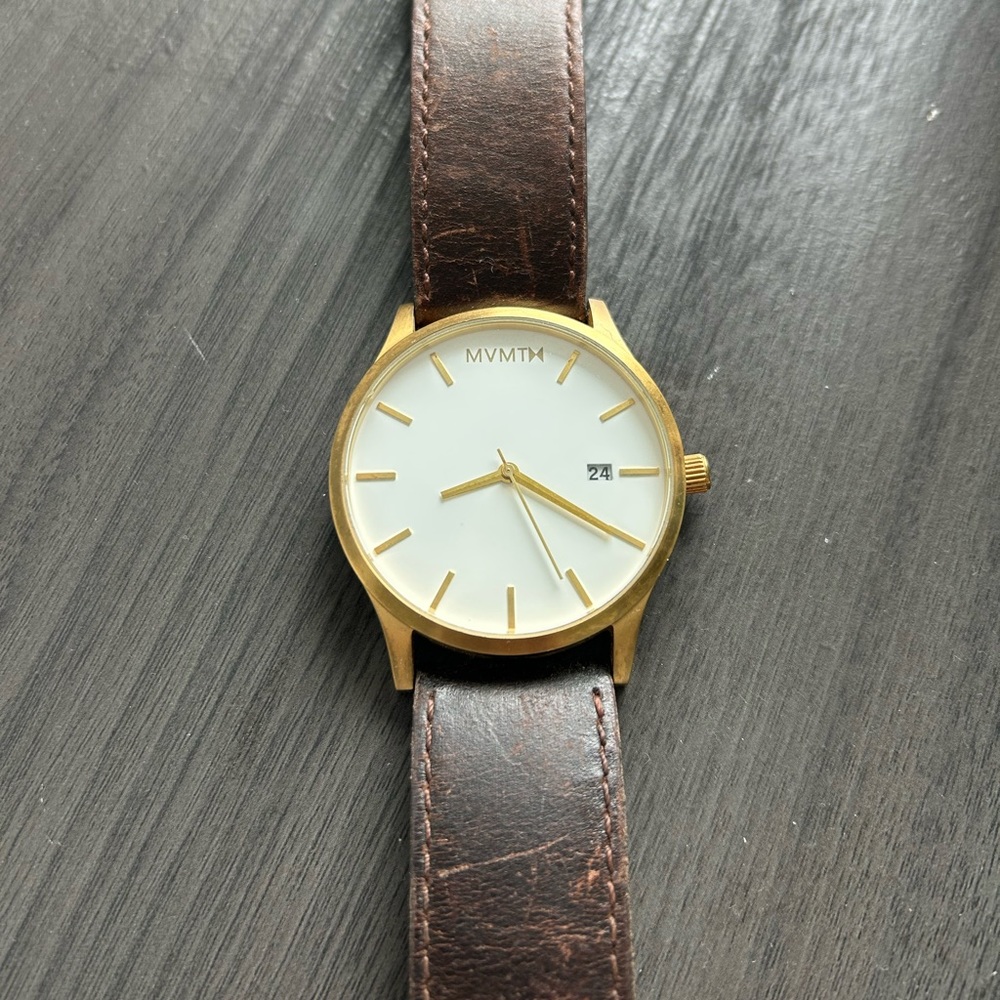 MVMT Men’s Watch- Gold and White Face, Dark Brown Leather